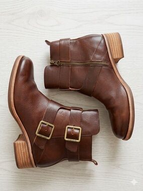 Kork-Ease Carsyn Dark Brown Leather Engineer Ankle Buckle Moto Boots Size 8.5